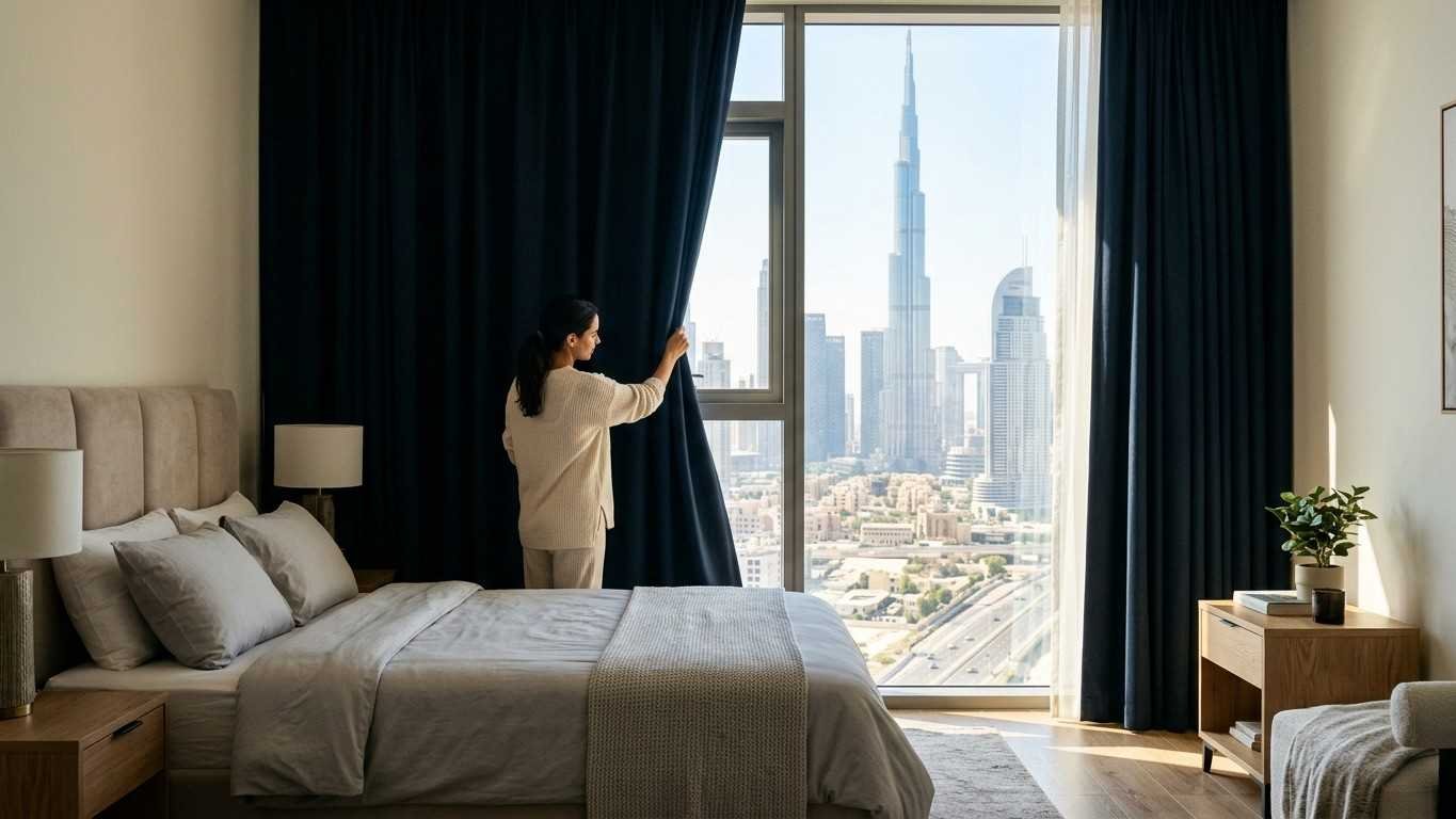 Modern Dubai apartment bedroom featuring dark blue blackout curtains pulled back to reveal the sunny Burj Khalifa skyline.