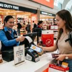 Traveler using a smartphone to make a cryptocurrency payment at a Dubai Duty Free checkout counter while holding a passport and shopping bags inside Dubai International Airport.