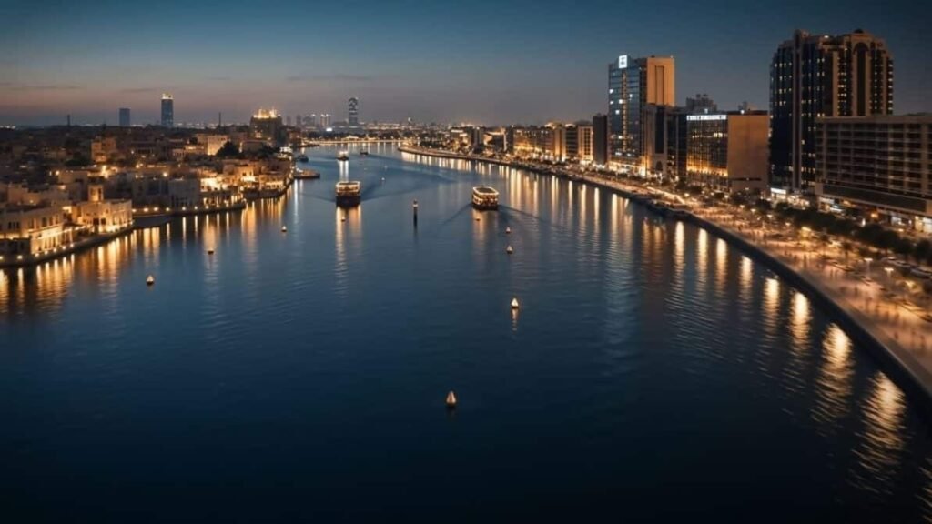 An aerial view of Dubai Creek at night showing illuminated walkways, boats moving along the waterway, and the contrast between the city's historic districts and modern skyline.