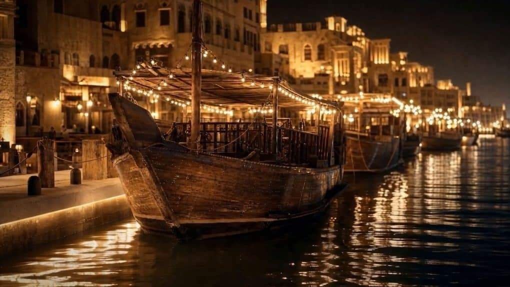 Traditional wooden dhows rest along Dubai Creek at night as warm golden lights illuminate the waterfront, reflecting across the water beside historic buildings and promenades.