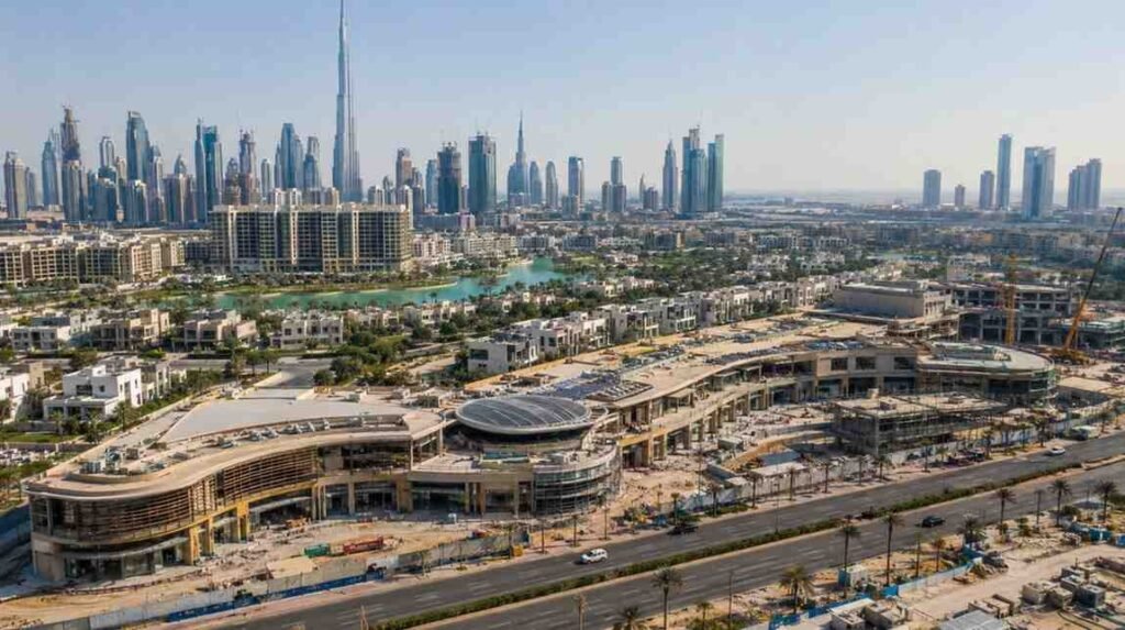 Aerial view of a large shopping mall under construction in Dubai, with residential communities, palm lined roads, artificial lagoons, and the Burj Khalifa rising above the city's skyline in the background.