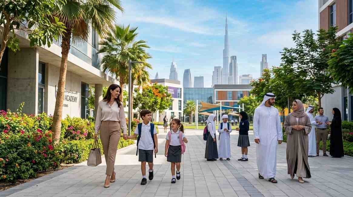 Parents and schoolchildren walk through a modern Dubai school campus lined with palm trees and gardens, with the Burj Khalifa and the city skyline visible in the background.