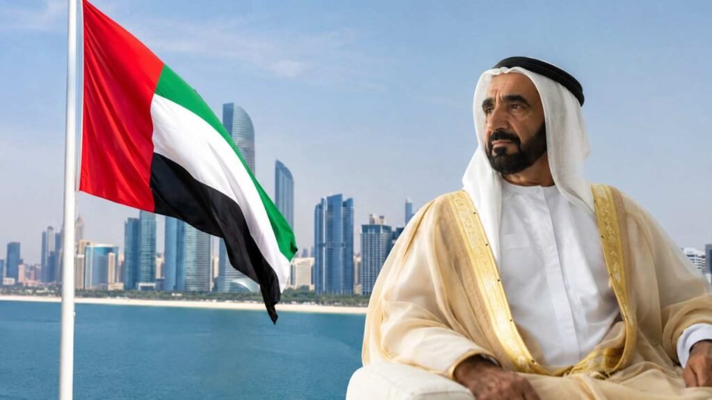 Sheikh Zayed bin Sultan Al Nahyan pictured against a modern UAE skyline with the national flag in the foreground, symbolizing the country's progress and the legacy of the 60th Accession Day.
