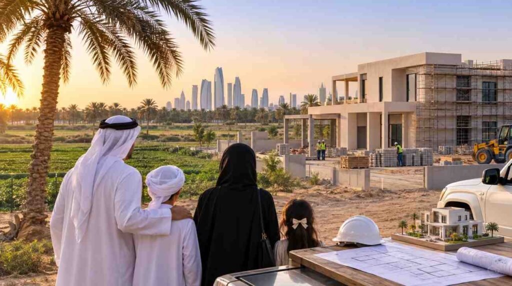 An Emirati family looks over plans for a new home being built on family farmland in Abu Dhabi, illustrating the Dh1.75 million agricultural land housing loan scheme.