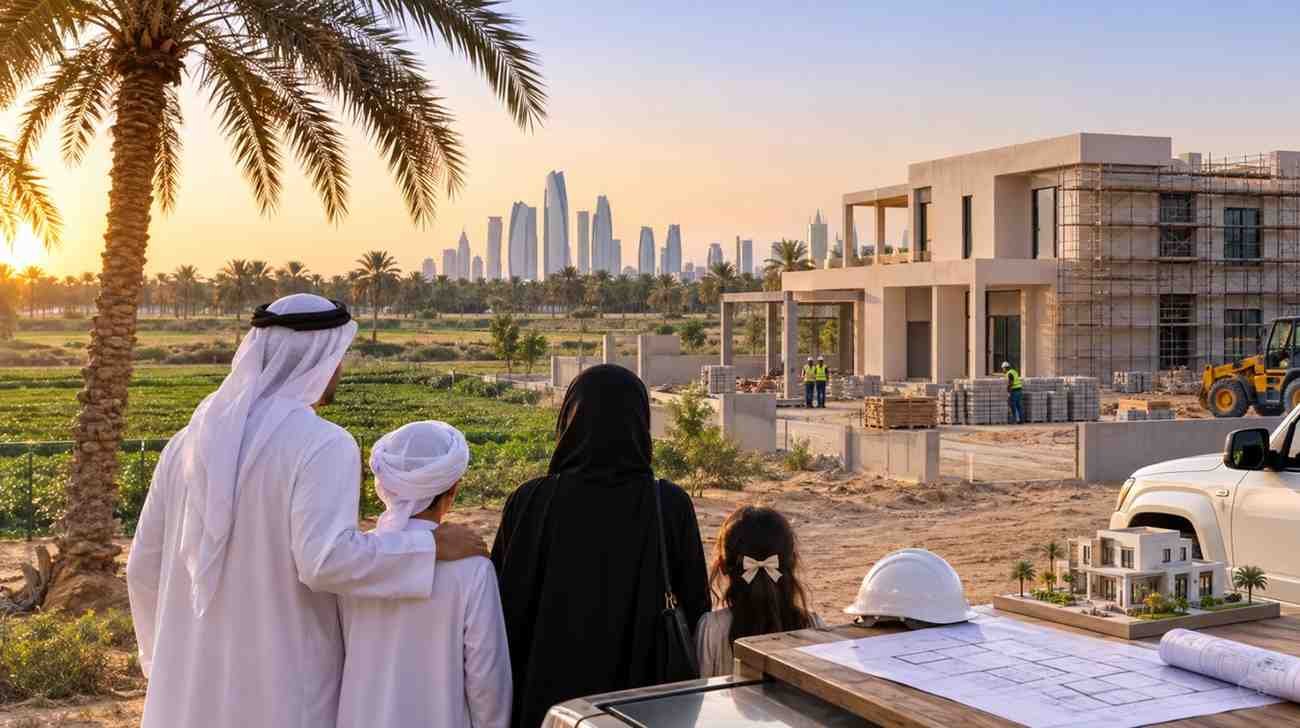 An Emirati family looks over plans for a new home being built on family farmland in Abu Dhabi, illustrating the Dh1.75 million agricultural land housing loan scheme.