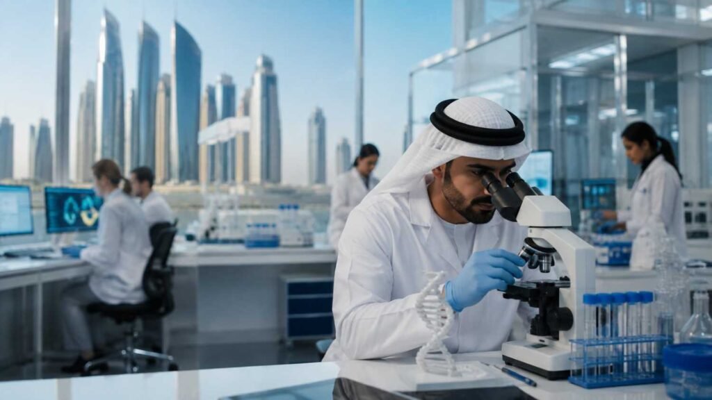 Emirati researchers work inside a modern biotechnology laboratory in Abu Dhabi, with a scientist examining samples under a microscope while DNA models, test tubes, and the city skyline appear in the background.