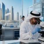 Emirati researchers work inside a modern biotechnology laboratory in Abu Dhabi, with a scientist examining samples under a microscope while DNA models, test tubes, and the city skyline appear in the background.