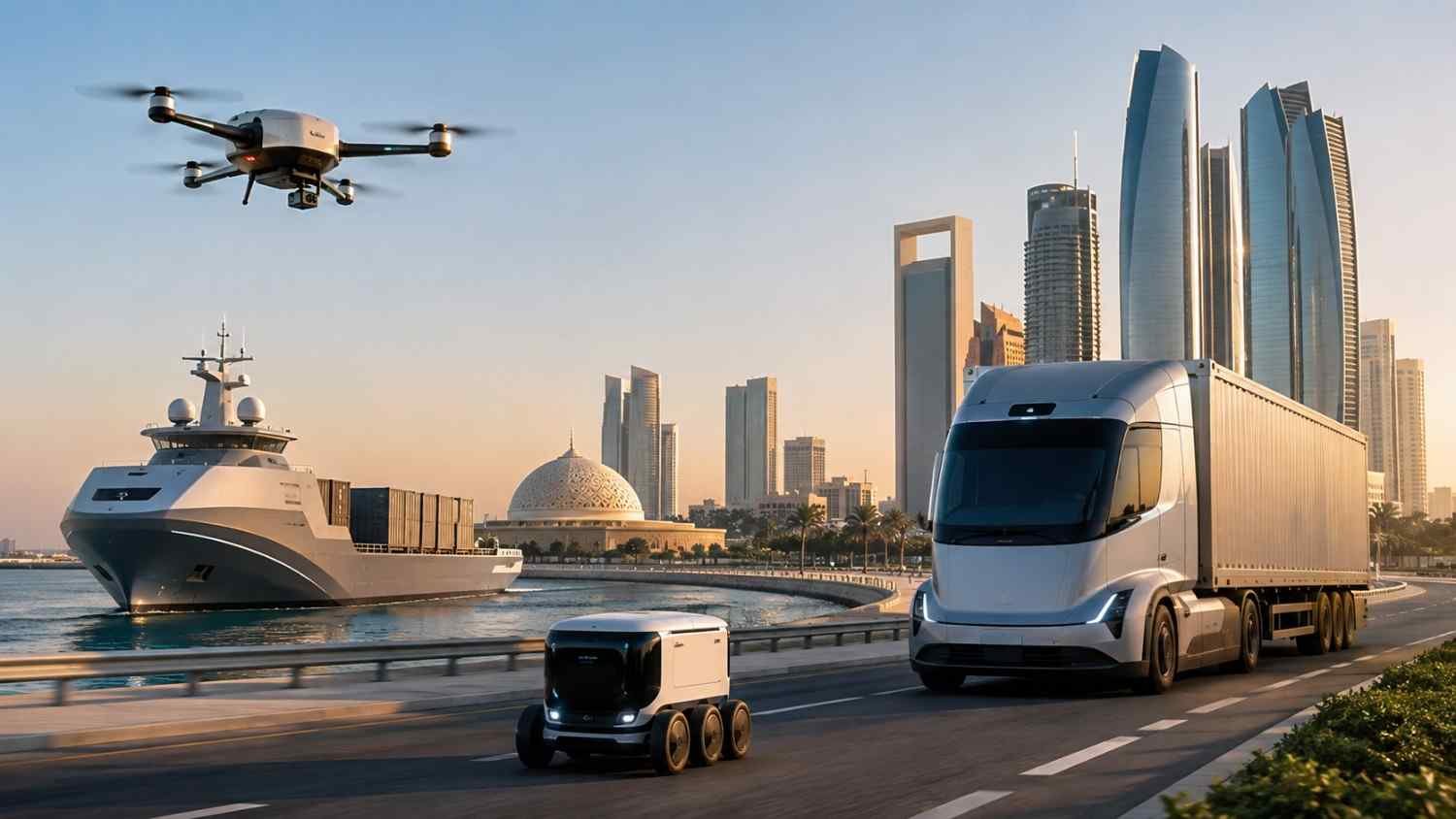 Autonomous transport technologies operating in Abu Dhabi, including a commercial drone, an unmanned cargo vessel, a driverless delivery robot, and a self driving freight truck moving along the waterfront against the city's skyline.
