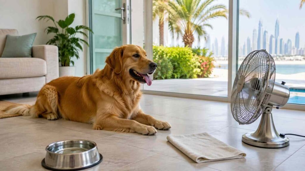 Golden retriever lying on a cool tiled floor beside a water bowl and fan inside a Dubai home during the UAE summer heat.
