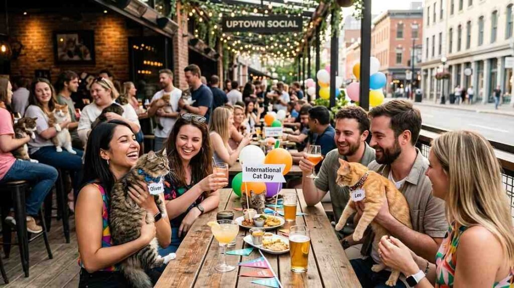 Visitors celebrating International Cat Day at Uptown Social in Dubai while dining outdoors with their cats.