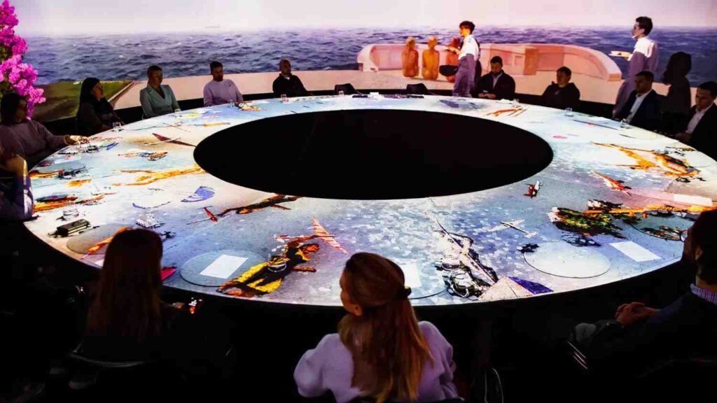 Guests seated around a circular table at Krasota in Downtown Dubai while large scale digital projections create an interactive dining experience.