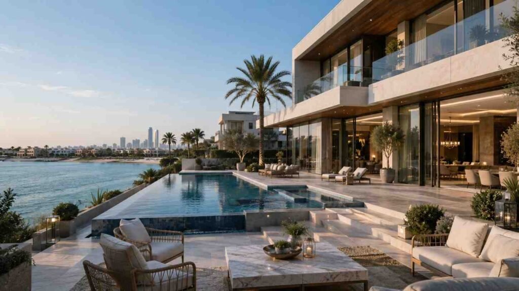 Luxury waterfront villa in Abu Dhabi featuring floor to ceiling glass walls, spacious terraces, an infinity pool, elegant outdoor seating, landscaped gardens, and panoramic sea views with a distant city skyline under a clear sky.