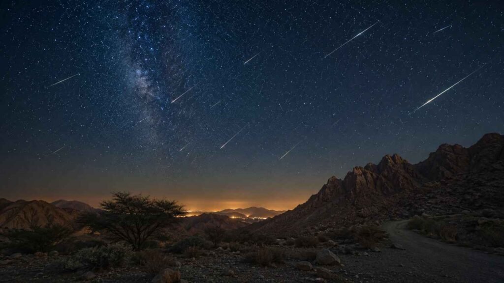 Multiple Perseid meteors streak across a clear midnight sky above rugged desert mountains, with the Milky Way visible in the background and distant lights glowing along the horizon.