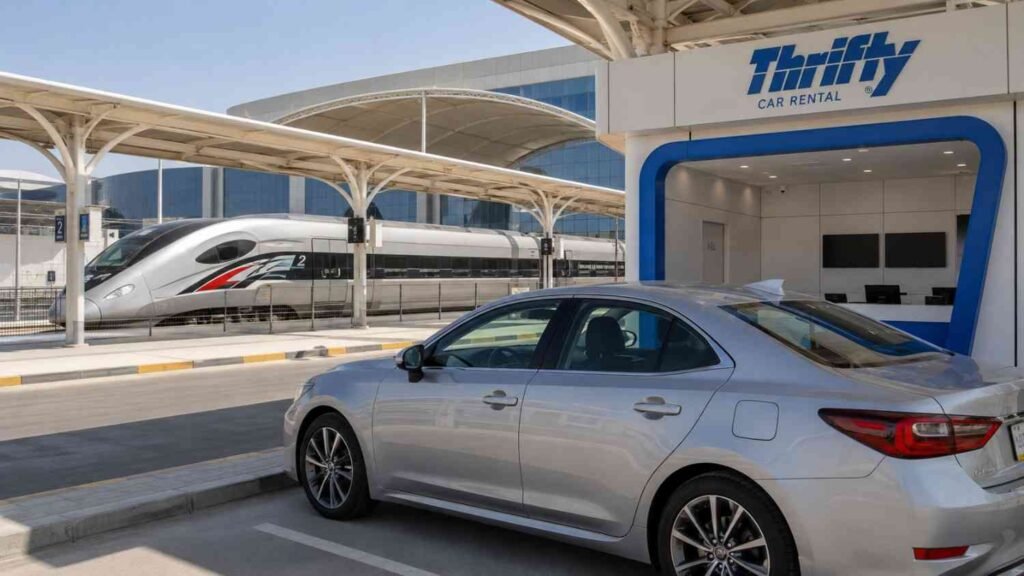 Thrifty Car Rental counter at an Etihad Rail station with a silver rental car parked outside and a passenger train waiting at the platform in the background.