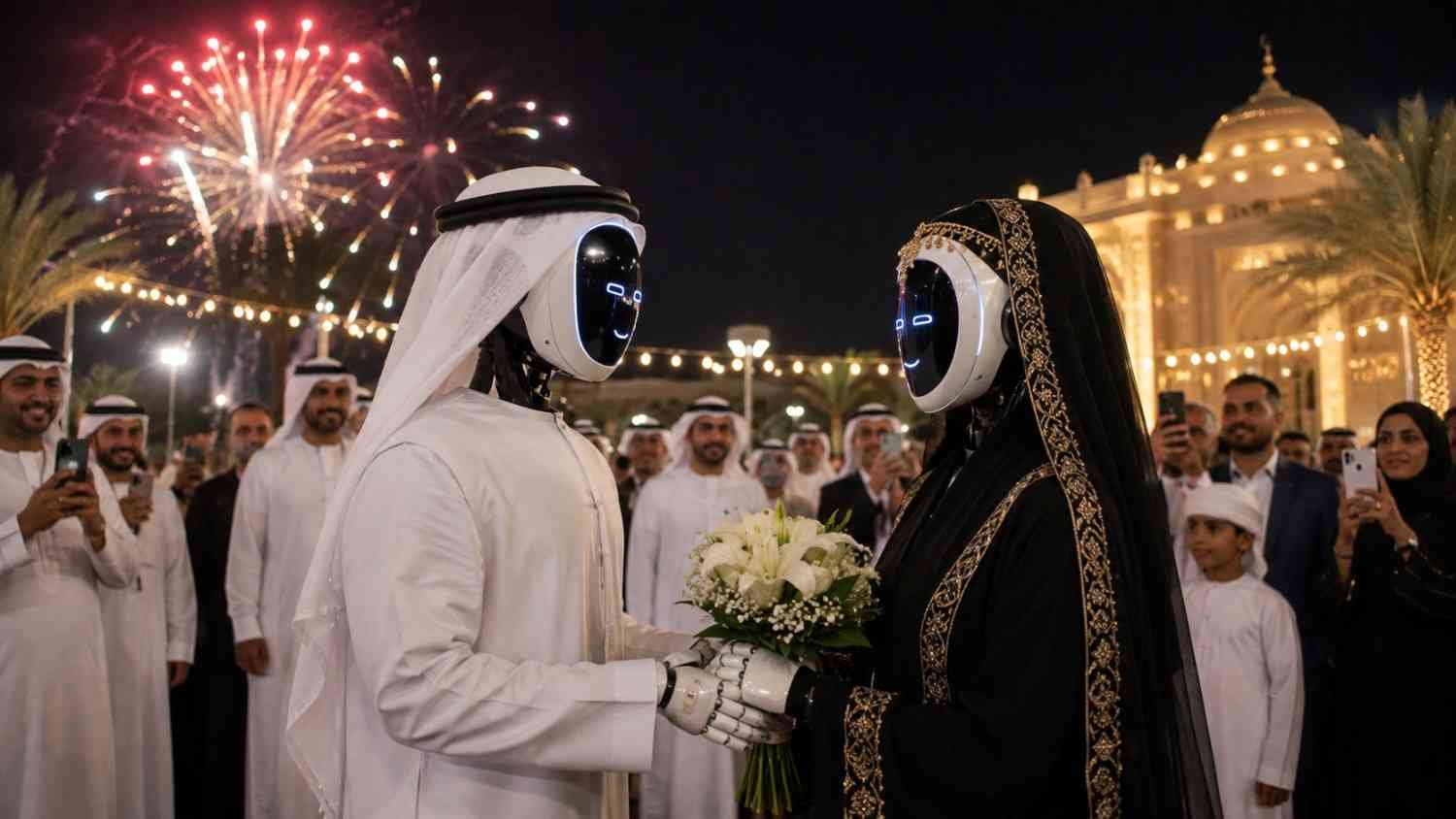 Humanoid robots Bu Sunaidah and Moza, dressed in traditional Emirati wedding attire, exchange flowers during the UAE's first AI robot wedding as guests watch and fireworks illuminate the night sky.