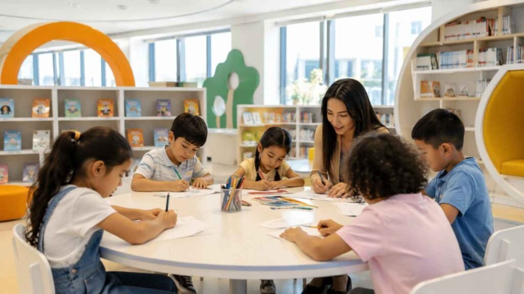 Children participate in arts and crafts activities with an instructor inside a bright and modern Dubai library during a summer camp program.