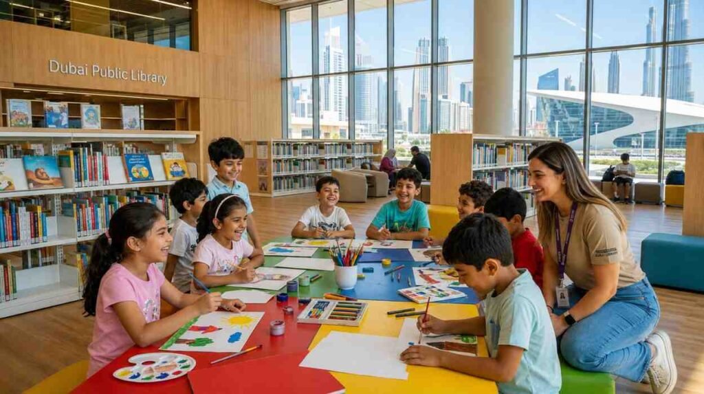Children enjoy drawing and creative activities at the Dubai Public Library summer camp, with Dubai's skyline visible through large windows in the background.