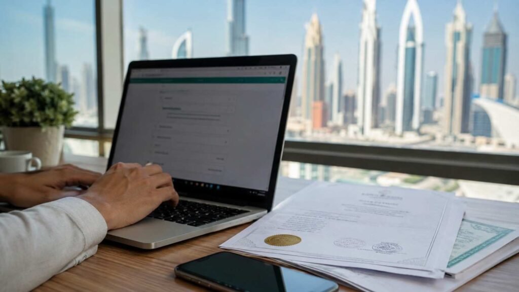 Person submitting educational documents online on a laptop in a modern office overlooking the Dubai skyline, with attested certificates placed on the desk.