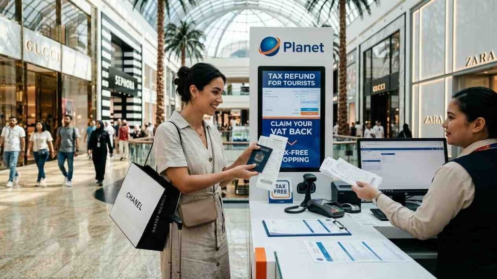 A tourist holding a passport and shopping receipts at a Planet Tax-Free VAT refund kiosk in a modern Dubai mall.