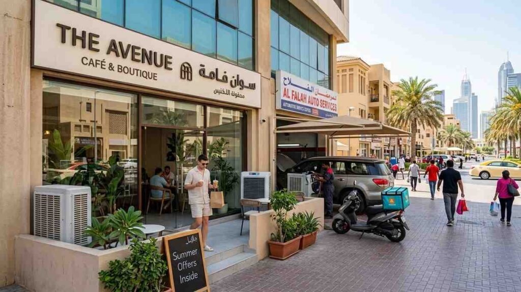 Street level view of small businesses in Dubai during summer, showing a café, an auto service center, delivery vehicles, pedestrians, palm trees, and visible air conditioning units outside commercial buildings.