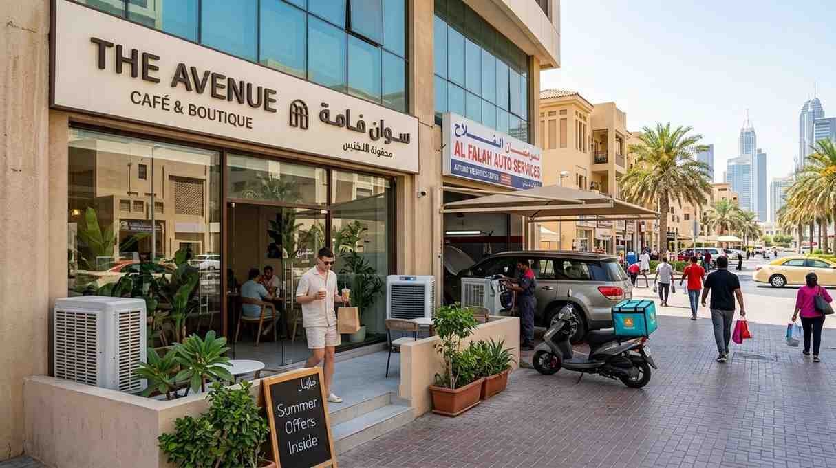 Street level view of small businesses in Dubai during summer, showing a café, an auto service center, delivery vehicles, pedestrians, palm trees, and visible air conditioning units outside commercial buildings.