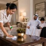 Professional domestic worker cleaning a modern UAE home while an Emirati family relaxes in the background, illustrating agency and direct hiring options for household staff.
