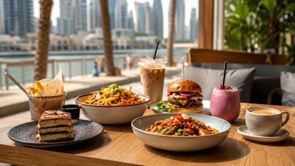 Assorted dishes including burgers, noodles, cake, coffee, and smoothies served on a waterfront restaurant table with Dubai skyscrapers in the background.