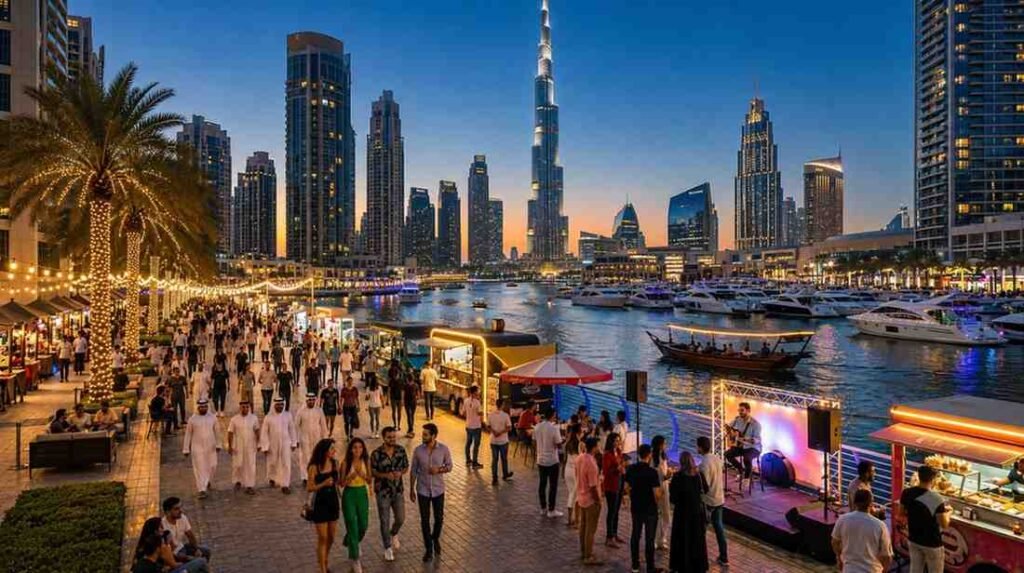 Crowds enjoying a weekend evening along Dubai Marina with waterfront restaurants, entertainment, and views of the Burj Khalifa skylin