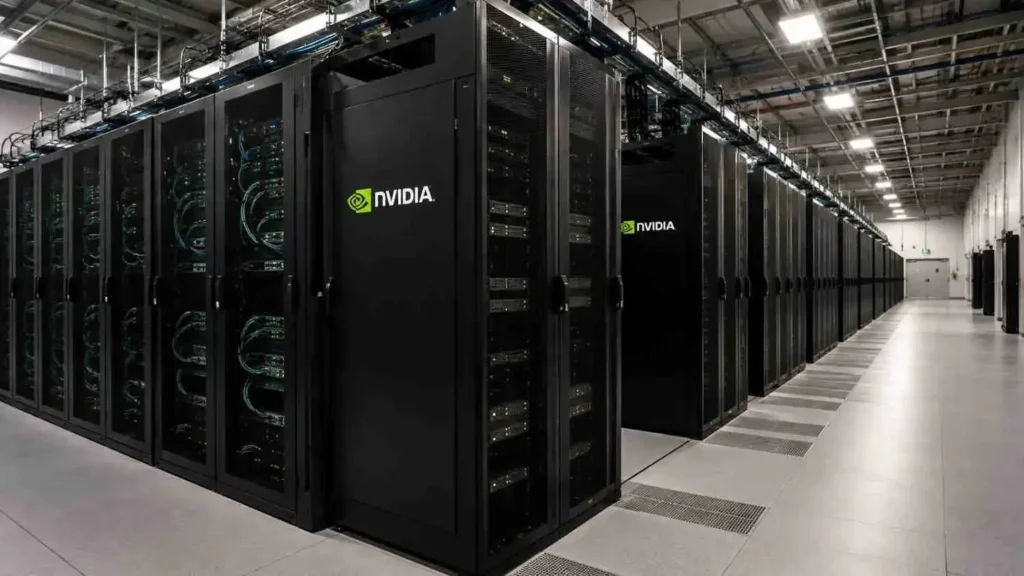 Modern AI data center with rows of high performance server racks and Nvidia powered infrastructure representing Abu Dhabi's sovereign AI expansion.