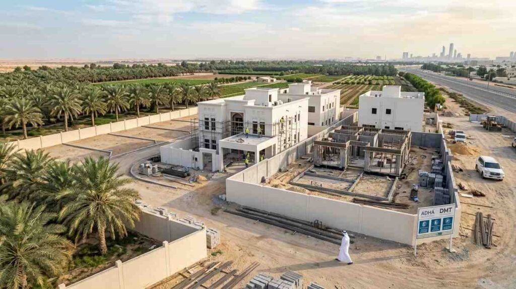 Aerial view of residential villas under construction on subdivided agricultural land in Abu Dhabi, surrounded by palm groves and farmland as part of the ADHA housing programme.