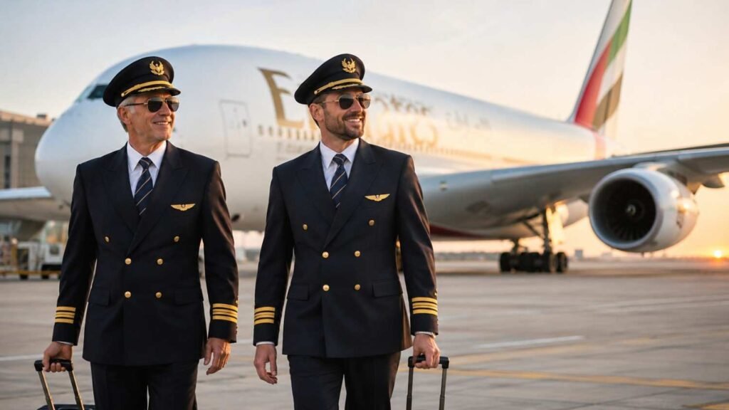 Two commercial airline pilots wearing dark uniforms and sunglasses walk across an airport apron carrying rolling luggage, with a large Emirates aircraft parked behind them at sunset.