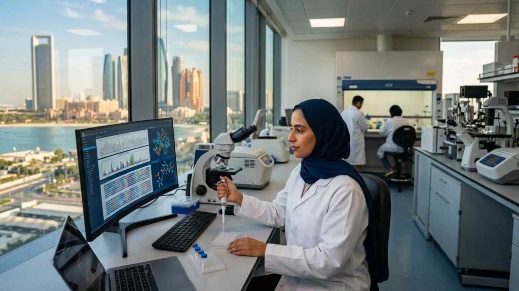 A researcher works in an Abu Dhabi laboratory using computer based genetic analysis tools alongside microscopes and testing equipment, highlighting the role of artificial intelligence and genomics in medical research.
