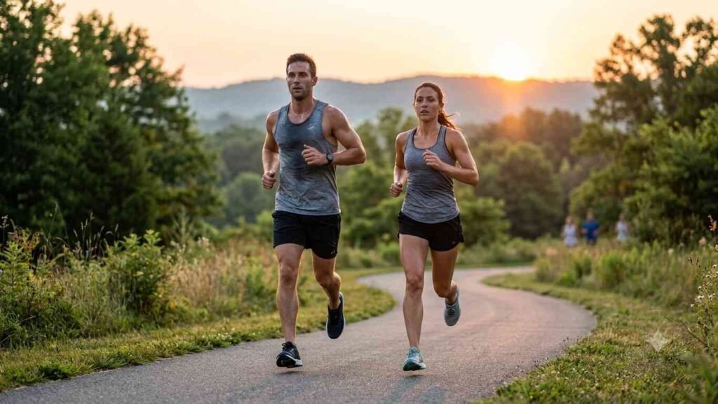 Two runners jog along a trail at sunset, illustrating how regular cardio exercise can improve stamina and cardiovascular fitness more effectively than breathing devices.